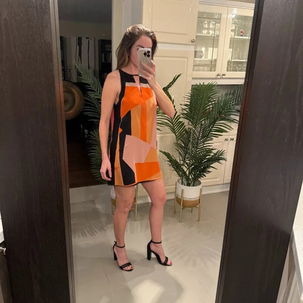Orange Geometric Print Dress, Parker, US S - Picture 2 of 5
